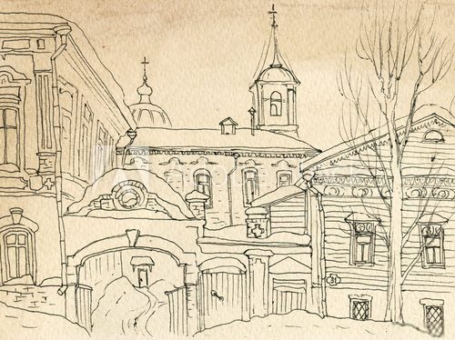 Fototapeta Street of the old town in the winter. The house and Church, architecture, sketch