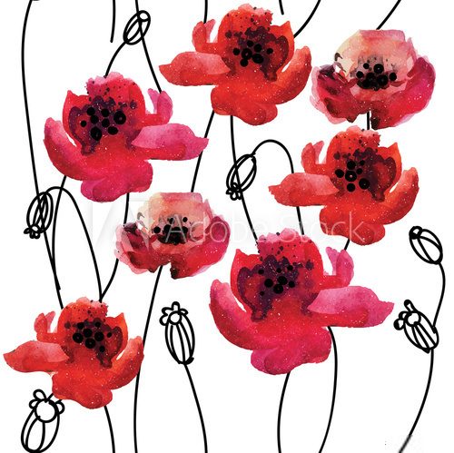 Fototapeta Stylish seamless pattern with poppy flowers . Vector freehand drawing with watercolor texture.