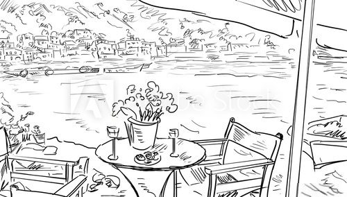 Fototapeta Summer terrace cafe - illustration, sketch