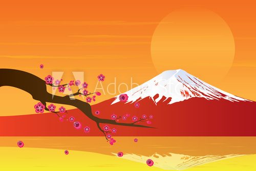 Fototapeta Sunset Fuji Mountain and Cherry Blossom