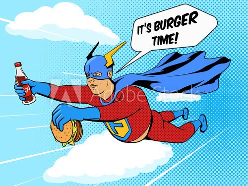 Fototapeta Superhero fat man and burger comic book vector