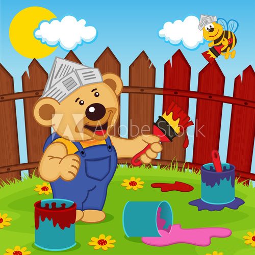 Fototapeta teddy bear and bee painter  - vector illustration, eps
