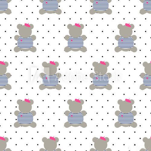 Fototapeta Teddy bear seamless pattern. Cute cartoon french style dressed teddy bear vector illustration on polka dots background. Fashion design for textile, wallpaper, web, fabric, decor etc.