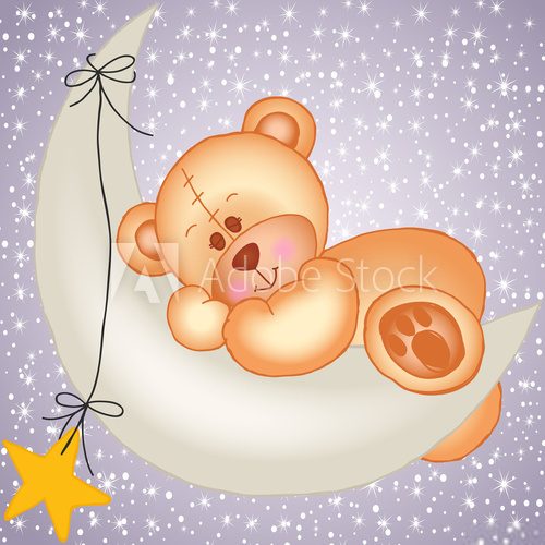 Fototapeta Teddy bear sleeping on a moon
