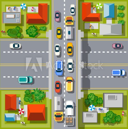 Fototapeta Top view of the city. Urban crossroads with cars and houses, pedestrians.