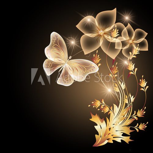 Fototapeta Transparent flying butterfly with golden ornament