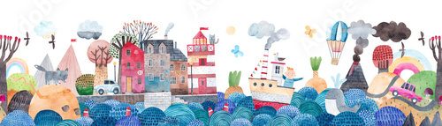 Fototapeta Travel around the world by ship, car and hot air balloon. Watercolor illustration. Children's border. Horizontal illustration. Cute landscape.