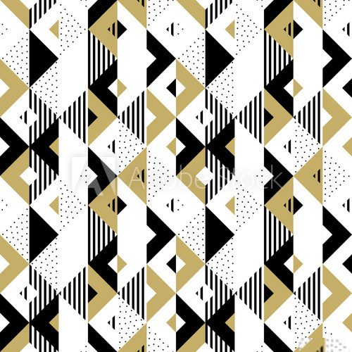 Fototapeta Triangle geometric abstract golden seamless pattern. Vector background of black, white and gold triangular pattern or square swatch ornament texture or mosaic design backdrop tile template