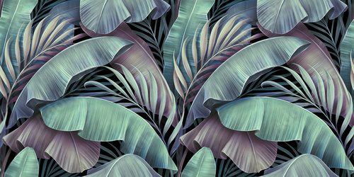 Fototapeta Tropical exotic seamless pattern. Beautiful palm, banana leaves. Hand-drawn vintage 3D illustration. Glamorous abstract jungle background design. For luxury wallpapers, cloth, fabric printing, goods