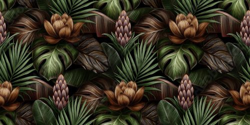 Fototapeta Tropical exotic seamless pattern with flower, protea, monstera, banana leaves, palm, colocasia. Hand-drawn 3D illustration. Good for luxury wallpapers, cloth, fabric printing, goods.
