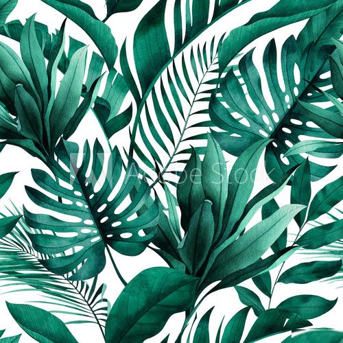 Fototapeta Tropical seamless pattern with exotic monstera, banana and palm leaves on white background.
