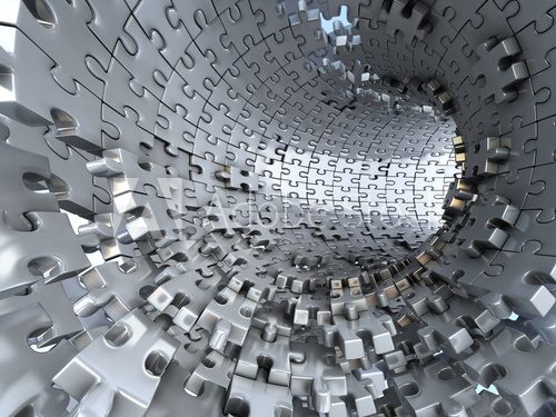 Fototapeta Tunnel made of metallic puzzles.  Conceptual 3d illustration,