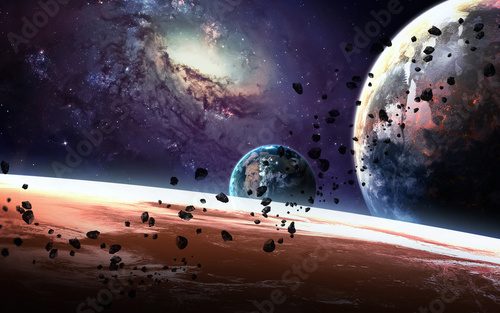 Fototapeta Universe scene with planets, stars and galaxies in outer space showing the beauty of space exploration. Elements furnished by NASA