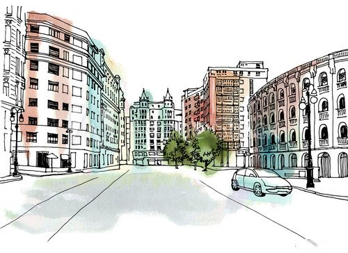 Fototapeta Urban sketch with landscape of the old European city. Old street in hand drawn line style on watercolor background. Valencia, Spain