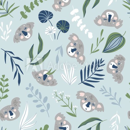 Fototapeta Vector hand-drawn seamless pattern with animals. Repeating background. Koala.