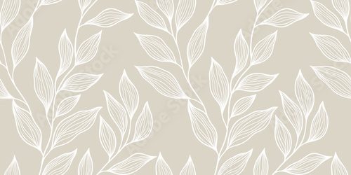 Fototapeta Vector Illustration Background Featuring Elegant Beige and White Leaf Outline Pattern with Seamless Design Suggesting Natural Sophistication and Minimalistic Aesthetics Suitable for Various Projects.