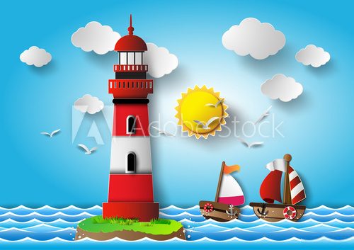Fototapeta Vector illustration  lighthouse with seascape.