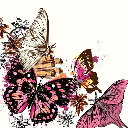 Fototapeta Vector illustration with detailed butterfly in watercolor spots