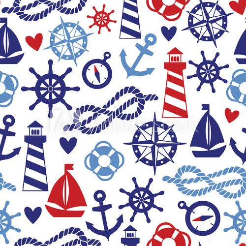 Fototapeta Vector seamless pattern with sea elements: lighthouses, ships, anchors. Can be used for wallpapers, web page backgrounds