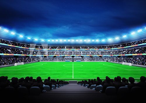 Fototapeta view on modern football stadium with fans in the stands