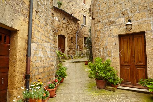 Fototapeta Vintage street decorated with flowers, Tuscany, Italy