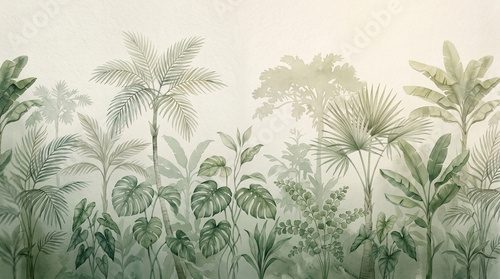 Fototapeta Vintage tropical wallpaper with palm trees and jungle leaves, muted green botanical mural, hand-drawn exotic forest landscape for interior design