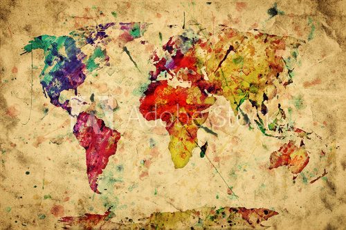Fototapeta Vintage world map. Colorful paint, watercolor on grunge paper