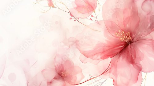 Fototapeta Watercolor art background with pink magnolia flowers. Hand painted floral background. Luxury minimal style design. Horizontal banner template with copy space.