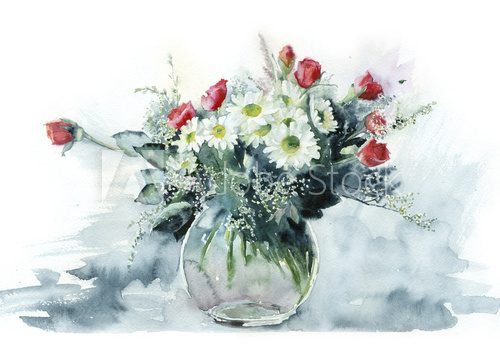 Fototapeta Watercolor bouquet of roses and daisies in a glass vase