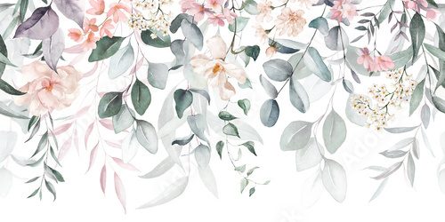 Fototapeta Watercolor floral seamless border with green leaves, pink peach blush white flowers, leaf branches. For wedding invitations, greetings, wallpapers, fashion, prints. Eucalyptus, olive, rose, peony.