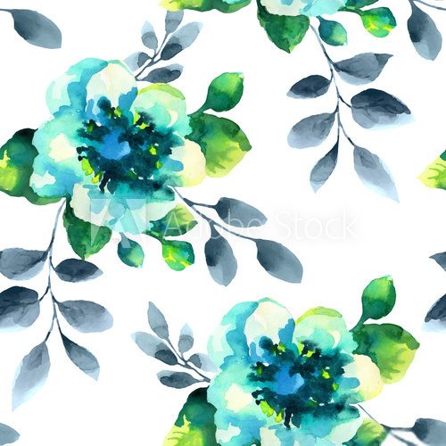 Fototapeta Watercolor flowers seamless pattern.