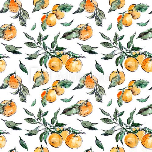 Fototapeta Watercolor hand drawn seamless pattern with tangerines and leaves