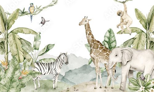 Fototapeta Watercolor jungle wallpaper with giraffe, elephant, zebra, monkey, parrots and tropical plants. Pastel soft colors. Animal themed wall design for nursery interior, kids room decor, playroom styling.