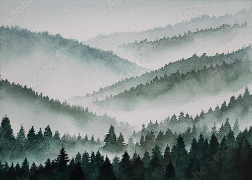 Fototapeta Watercolor landscape, green forest, fog mountains