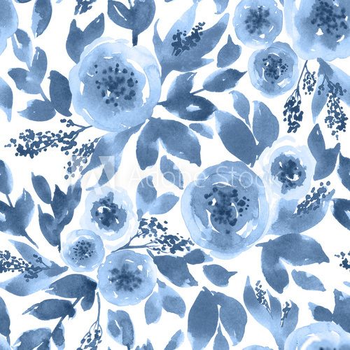 Fototapeta Watercolor loose peonies. Seamless floral pattern in indigo blue