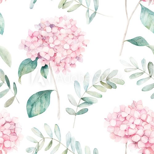 Fototapeta Watercolor seamless pattern. Vintage print with hortensia flowers and eucalyptus branches. Hand drawn illustration