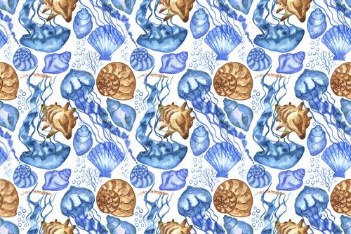 Fototapeta Watercolored seashells and jellyships seamless pattern. Colored illustration of underwater shells and corals for  fo creating fabrics, textile, decoupage, wallpapers, print, gift wrapping paper.