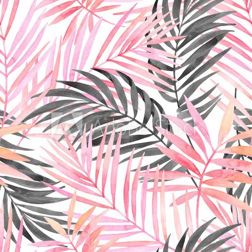 Fototapeta Watercolour pink colored and graphic palm leaf painting.