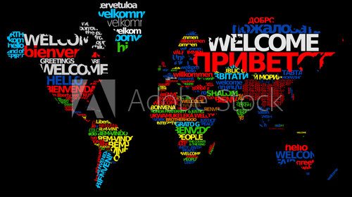Fototapeta Welcome world map multicolor word text tag cloud greeting