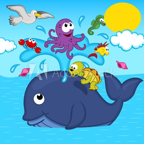 Fototapeta whale and marine animals - vector illustration, eps