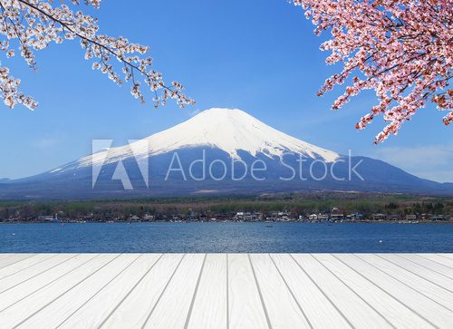 Fototapeta white wood terrace with Mt Fuji