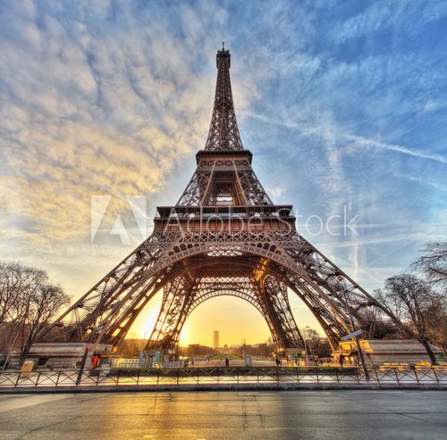 Fototapeta Wide shot of Eiffel Tower with dramatic sky, Paris, France