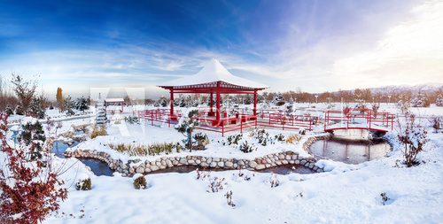 Fototapeta Winter Japanese garden in Almaty