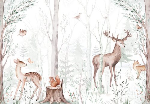 Fototapeta Woodland cartoon Animals watercolor illustration template. Pre made frame for baby shower, birthday invitation kids baby deer, fox in the forest. Cute bear, rabbit and birds