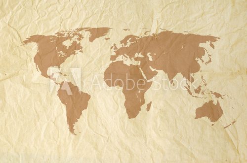 Fototapeta World map on Vintage yallow paper texture background