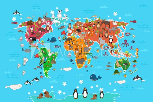 Fototapeta World map with animals. Monkey and hedgehog, bear and kangaroo, hare wolf panda and penguin and parrot. Animals world map vector illustration in cartoon style