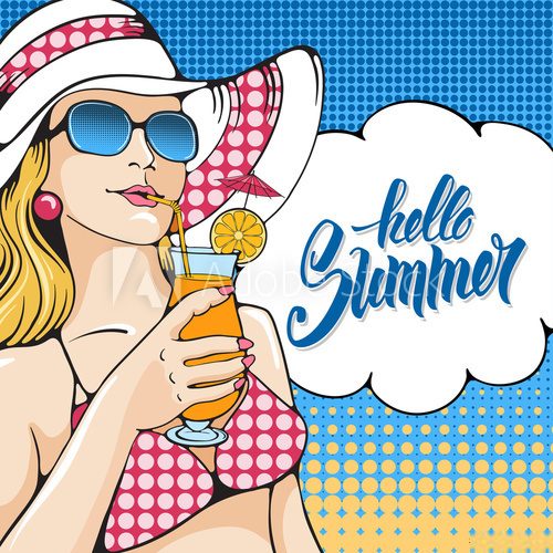 Fototapeta Young women holding tropical cocktail on the beach. Pop Art girl. Vector illustration in retro style pop art.