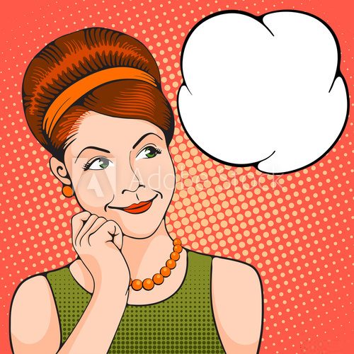 Fototapeta Young women thinking about something pleasant. Pop Art girl. Vector illustration in retro style pop art.
