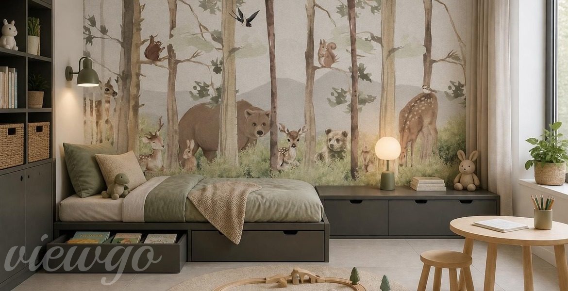 Subtelna-lesna-scena-z-dzikimi-zwierzetami-do-pokoju-dziecka-fototapety