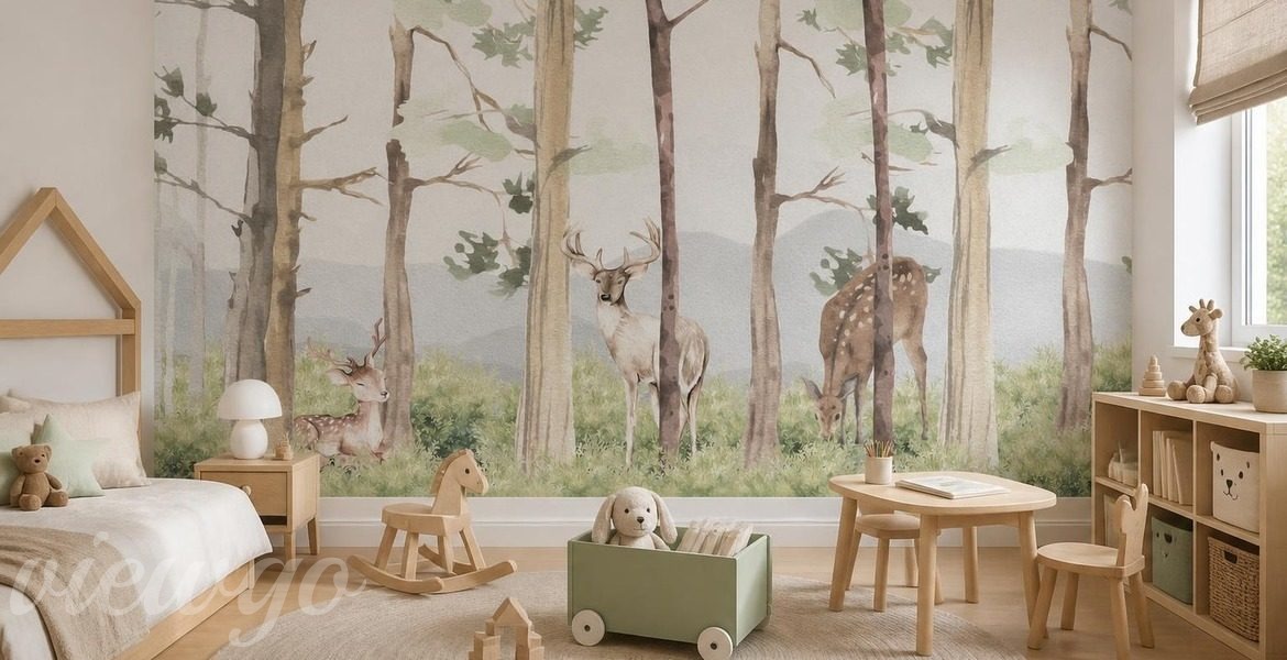 Naturalistyczny-motyw-lesny-z-sarnami-i-jeleniami-do-pokoju-dziecka-fototapety